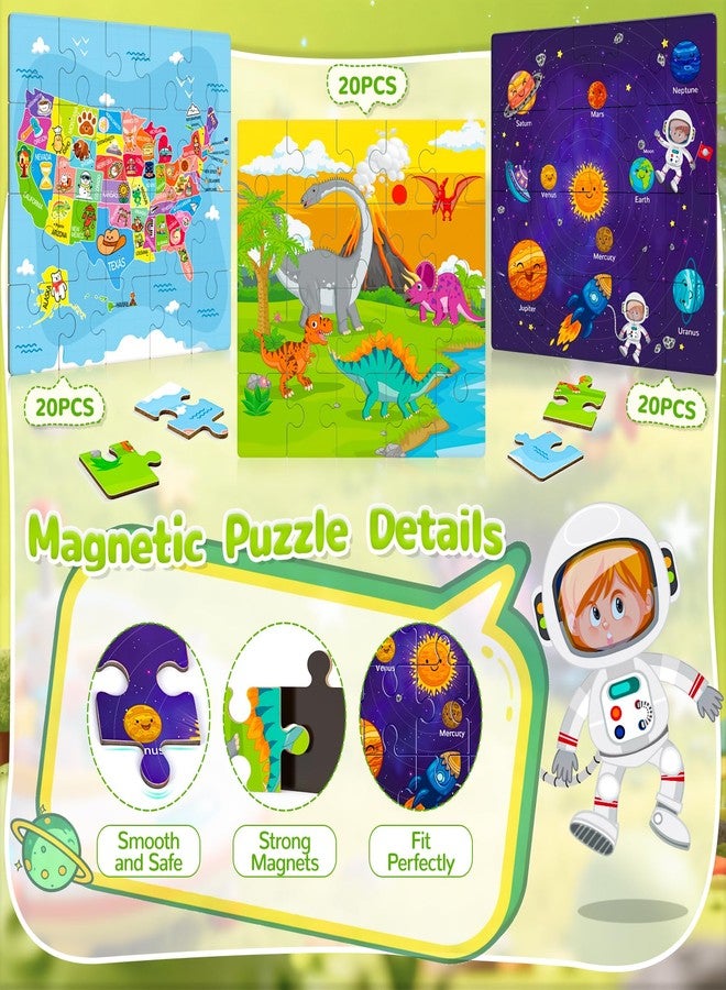 JUANCHI 3x20 Pieces Magnetic Puzzles for Toddlers 3-5, Map/Space/Dinosaur 3 in 1 Puzzles for Kids Ages 4-6, Car Airplane Road Trip Activities Toys for 3 4 5 6 Year Old Boys Birthday - Image 3